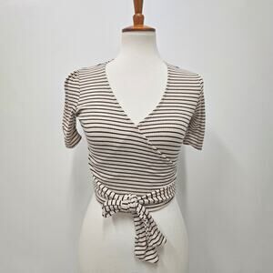 Dee Elly Striped V-Neck Crop Top Boho Neutral Tie-Front Flutter Sleeve Size XS